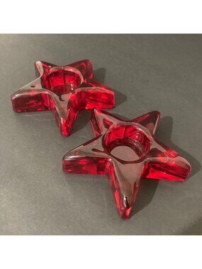Set Of 2 Celestial Red Glass Star Shaped Tealight Candle Holders